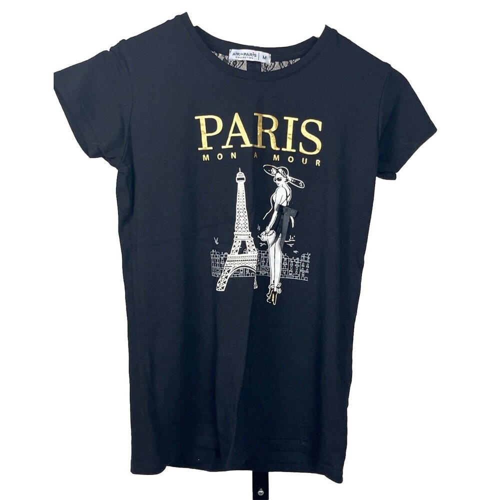 Air de Paris Black Lace Gold T Shirt Medium‎ Eiffel Tower Graphic Print Stretch